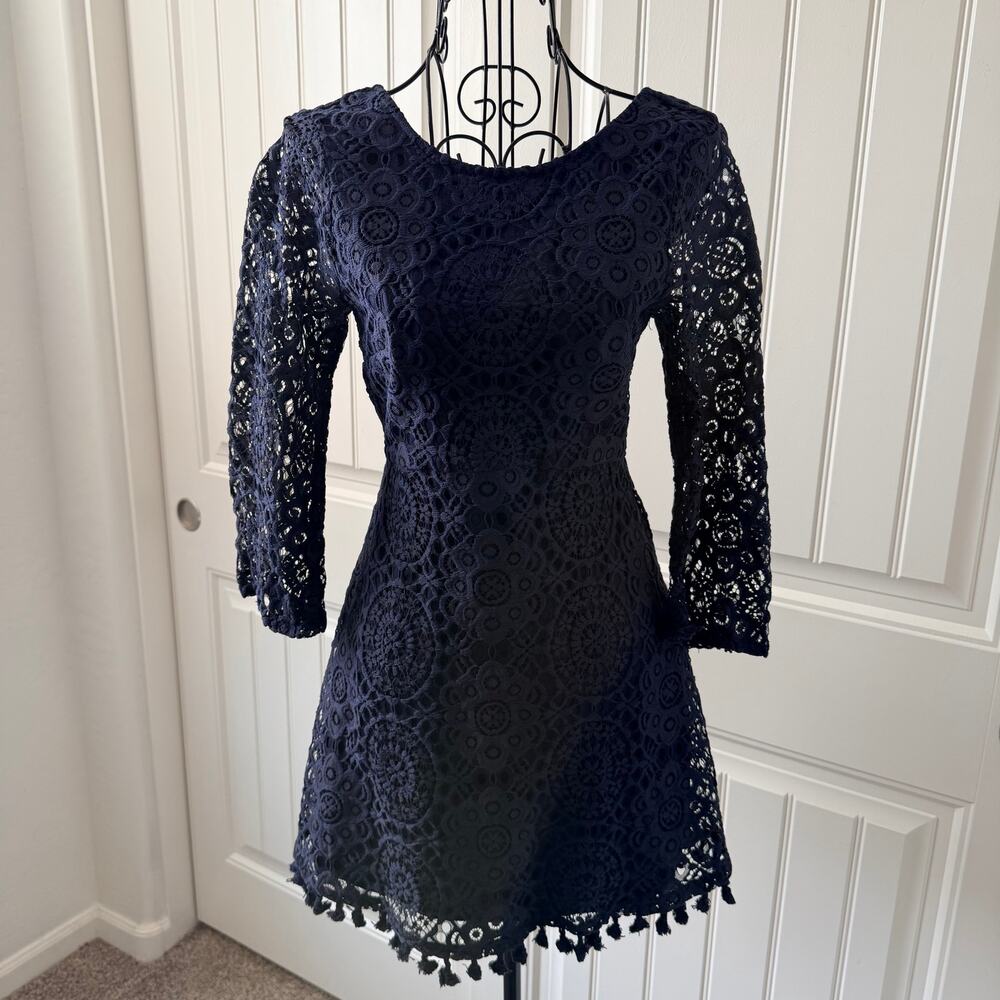 Small - Junior Navy Lace Dress - Long Sleeve Fit and Flare Tassel Hem